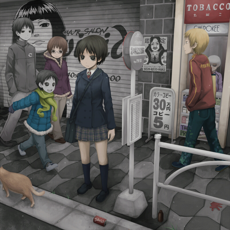 3boys bag black_eyes black_hair blonde_hair brown_hair cat child city coat coca-cola commentary_request empty_eyes glasses hands_in_pockets multiple_boys multiple_girls open_mouth original poster_(object) road scarf school_uniform short_hair smile standing street yajirushi_(chanoma)