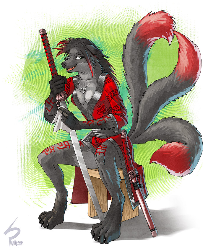 2010 ashpond breasts canine digitigrade female fox green_eyes multiple_tails sitting solo sword tail tongue weapon