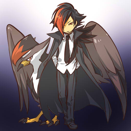 black_hair coat formal gen_4_pokemon hands_in_pockets hitec male_focus moemon multicolored_hair necktie personification pokemon pokemon_(creature) red_eyes red_hair staraptor two-tone_hair