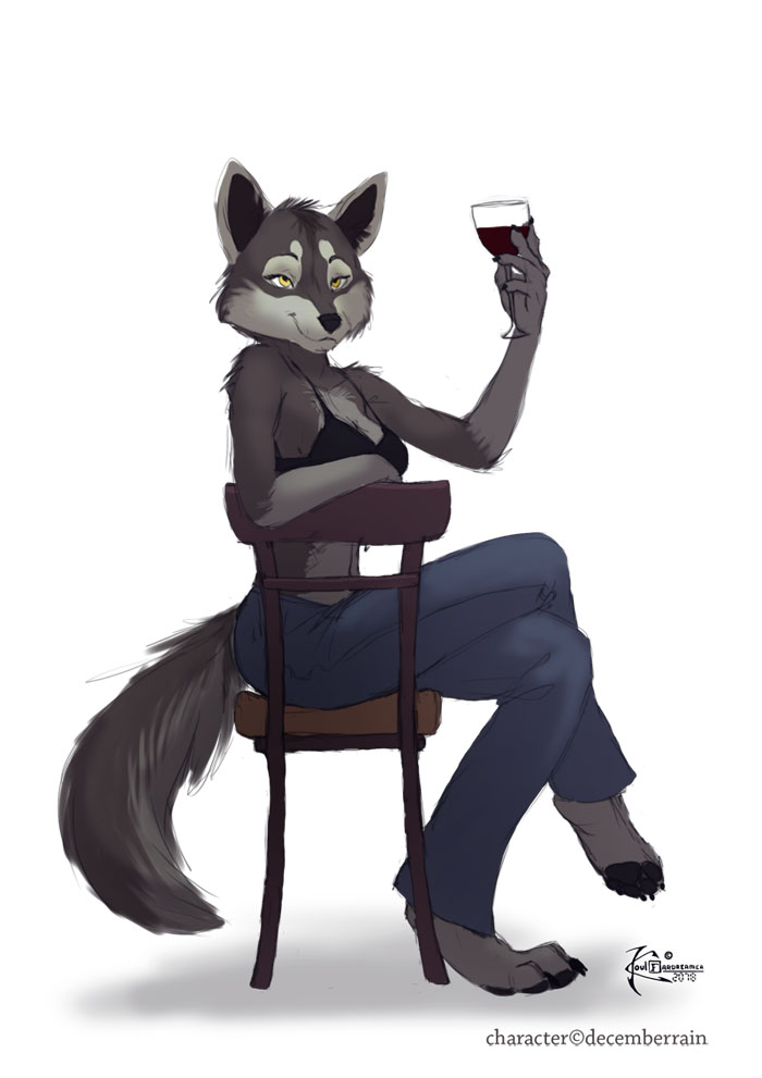 beverage black_nose bra canine chair crossed_legs female glass jeans koul looking_at_viewer mammal pawpads plain_background sitting solo underwear white_background wine wolf yellow_eyes