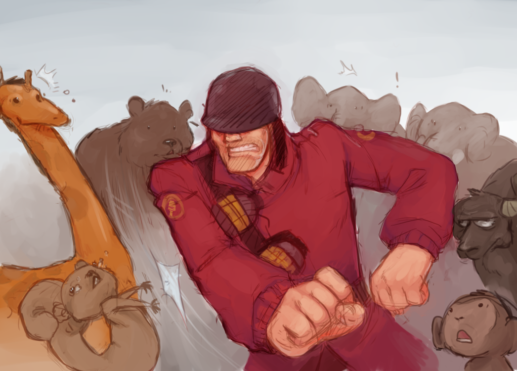 angry bear bovine elephant giraffe grenade helmet human male monkey punch rodent soldier_(team_fortress_2) squirrel surprise team_fortress_2 tears unknown_artist unless_it's_a_farm! violence weapon yak
