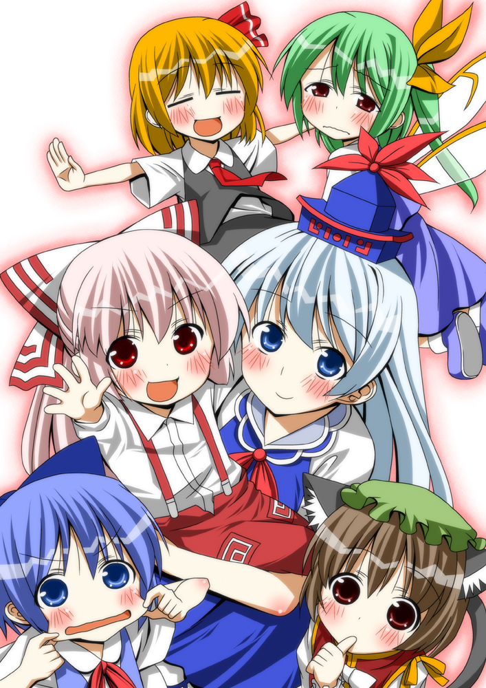 akagiakemi blonde_hair blue_eyes blue_hair blush brown_hair chen child cirno daiyousei fujiwara_no_mokou green_hair kamishirasawa_keine multiple_girls red_eyes rumia thumb_sucking touhou younger