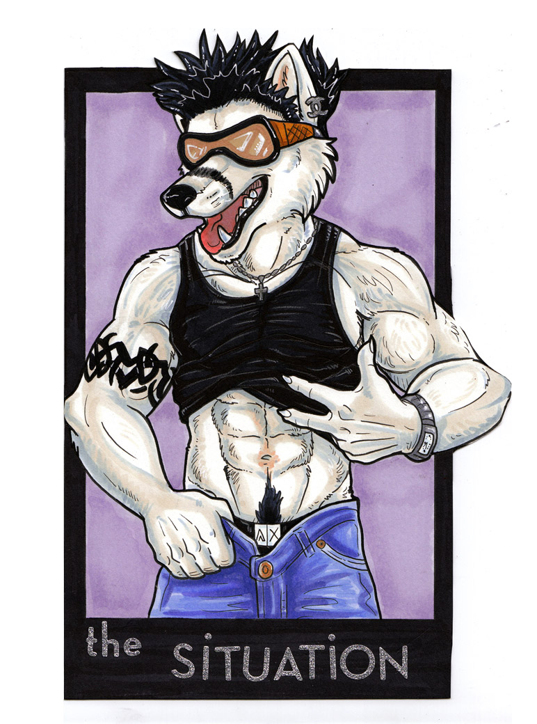 arctic_fox canine douchebag goggles guido hair_gel jeans likeshine male muscles navel open_mouth pubic_hair sixpack solo sup tank_top teeth tongue