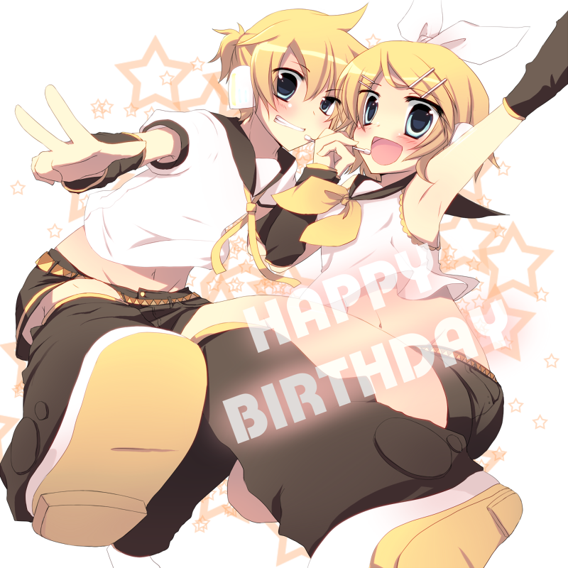 1girl amamine arm_warmers ascot bad_id bad_pixiv_id blonde_hair brother_and_sister grin hair_ornament hair_ribbon hairpin happy_birthday headphones holding_hands kagamine_len kagamine_rin midriff navel open_mouth ribbon short_hair shorts siblings smile twins vocaloid