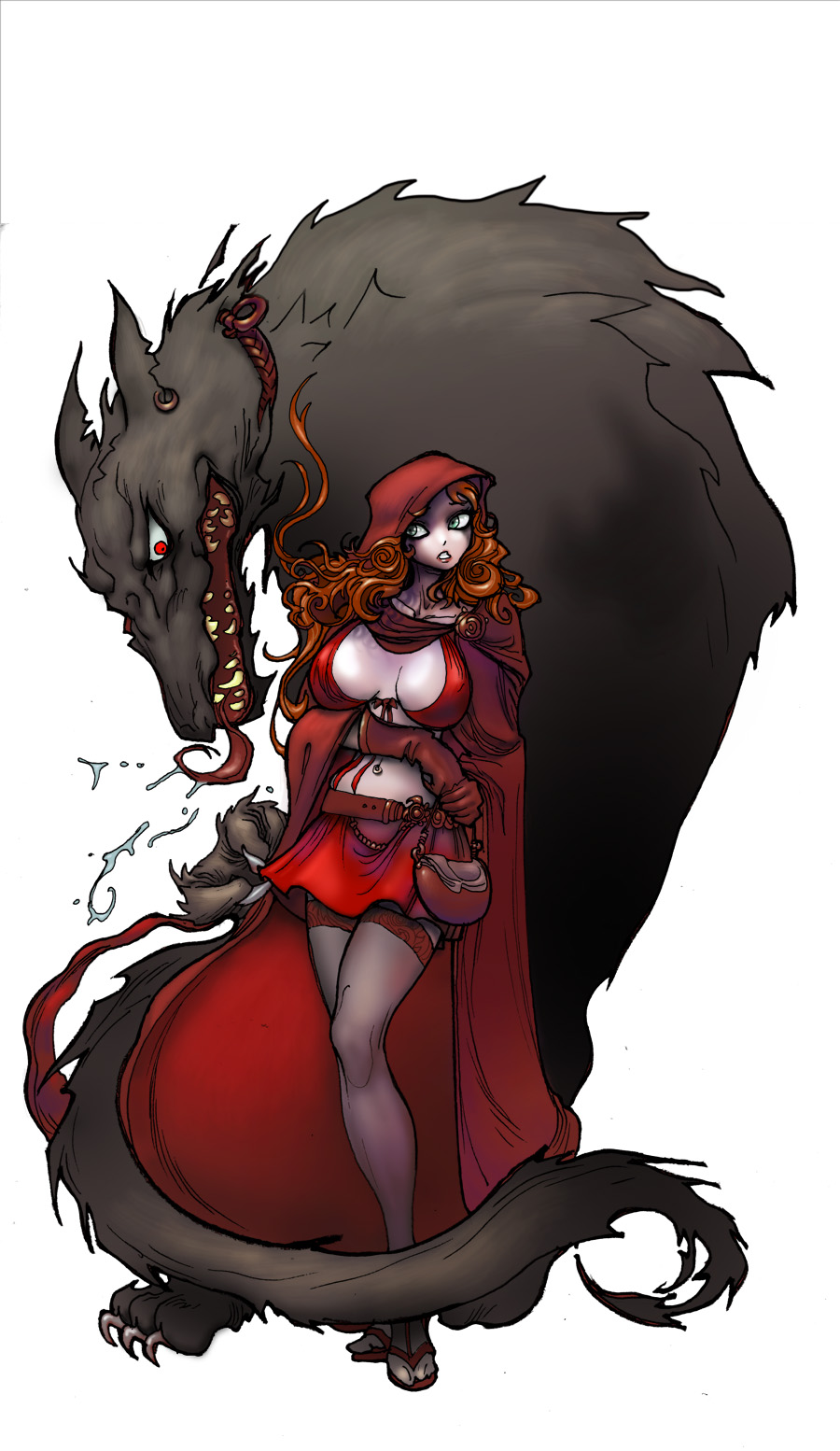 breasts canine cape female hair human little_red_riding_hood mammal plain_background red_hair skirt unknown_artist were werewolf white_background wolf