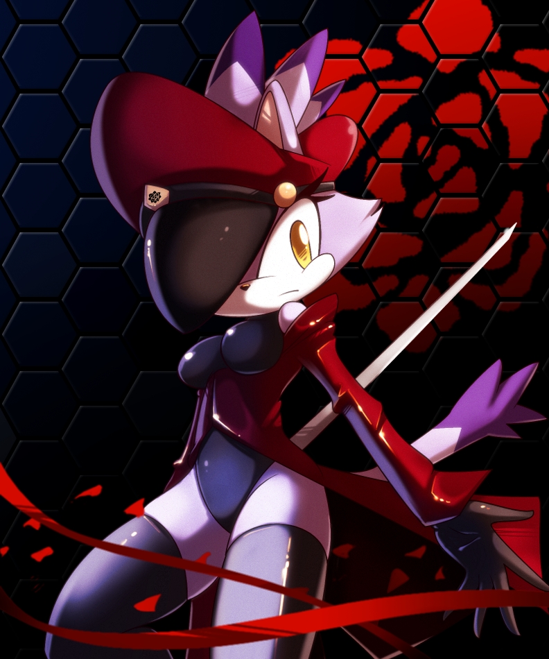 blaze_the_cat breasts cat cosplay feline female gloves hat looking_at_viewer nancher purple red_jacket sega solo sonic_(series) standing stockings sword tail uniform weapon yellow_eyes