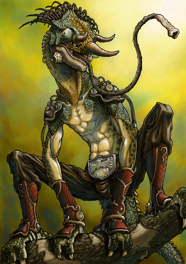 akio_(artist) armor belt_buckle buckle chameleon claws cyborg extra_eyes fangs greaves horns lizard looking_away monster muscle no_humans pauldrons pixiv_fantasia pixiv_fantasia_3 scales solo tongue tree yellow_eyes