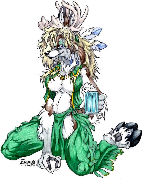 alcohol beer cervine deer feather female fenrir_lunaris green hooves horns lips looking_at_viewer necklace solo suggestive unguligrade