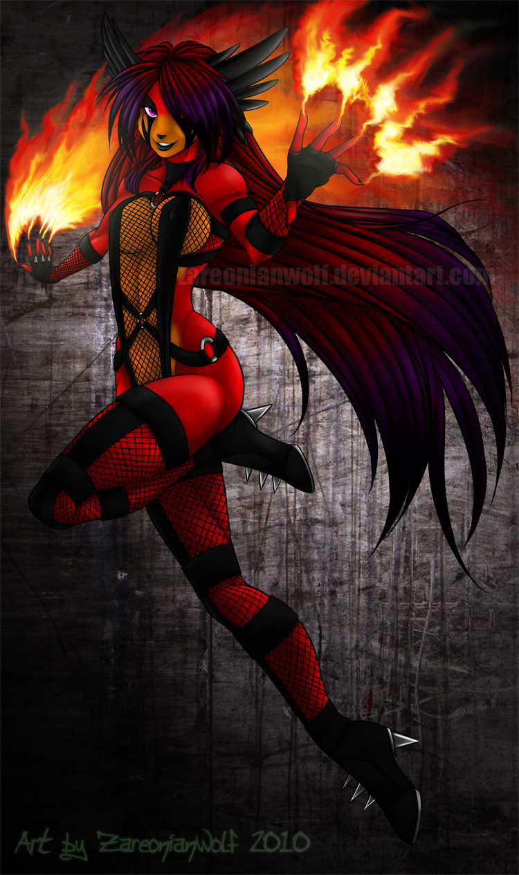 amazing big_breasts breasts canine epic female fire fishnet hair long_hair looking_at_viewer mammal natasha_vendetta purple_eyes red red_body solo spiked_boots zareonianwolf