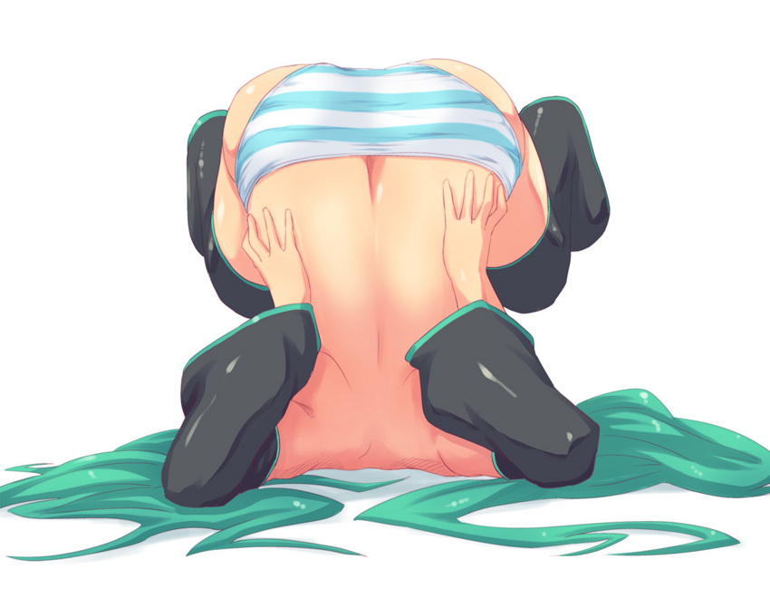 aqua_hair butt_crack detached_sleeves duplicate from_behind hatsune_miku iyamato panties solo striped striped_panties underwear upside-down vocaloid