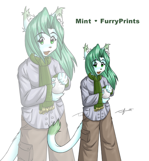 clothed female furry_print green_eyes green_hair hair jacket mint scarf snowball solo tom_fischbach