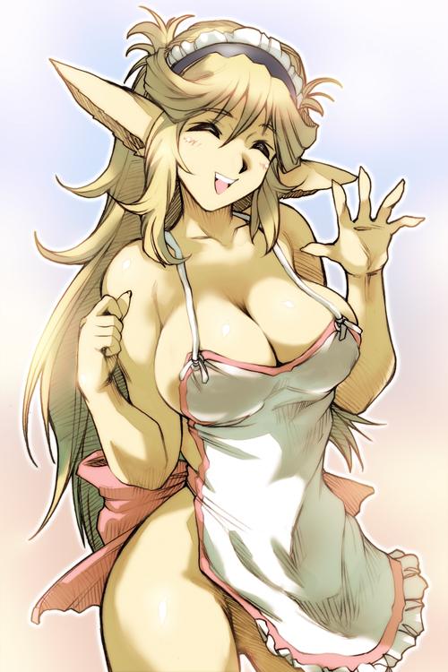 ^_^ apron bare_shoulders breasts brown_hair cleavage closed_eyes curvy elf hisahiko large_breasts long_hair maid_headdress naked_apron original pointy_ears solo
