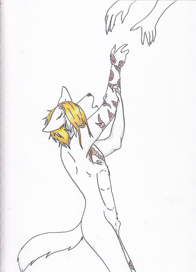 absent_frequency blonde_hair blue_eyes can't_move canine claws dog fang hair husky imperfection jag kneeling long_blonde_hair long_hair male nipples nude open_mouth penis reaching scar short_hair solo tail temptation torn_ear weak