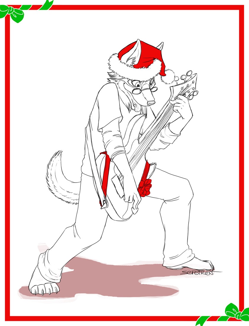 bow canine christmas claws clothed clothing ears eyewear glasses guitar guitar_pick hat holiday holidays male mammal pants plain_background ribbons sefeiren shadow shirt solo strap tail tongue white_background xmas