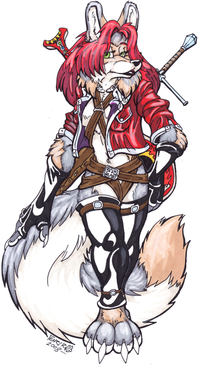 canine female fenrir_lunaris fox gloves looking_at_viewer red_hair solo sword tail weapon