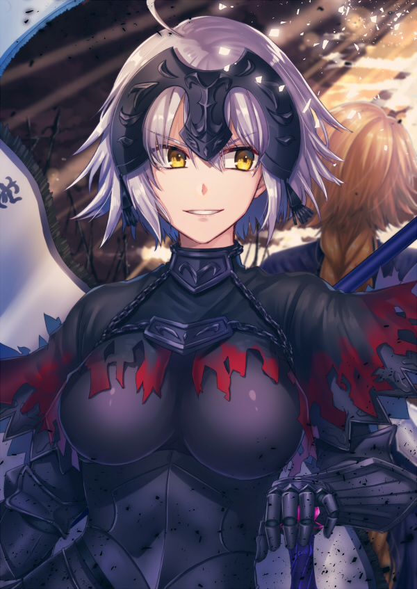 2girls ahoge armor armored_dress back-to-back black_dress blonde_hair braid braided_ponytail breasts breasts_apart chains day dress fate/grand_order fate_(series) grin hair_between_eyes hand_on_hilt headpiece jeanne_d'arc_(alter)_(fate) jeanne_d'arc_(fate) jeanne_d'arc_(fate)_(all) kamuinii large_breasts long_hair looking_to_the_side multiple_girls outdoors short_hair silver_hair single_braid smile solo_focus very_long_hair yellow_eyes
