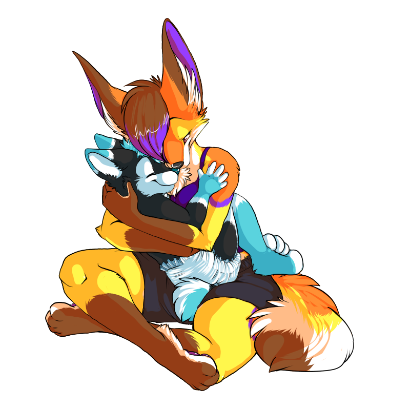 brown_hair canine cub cuddle cuddling cute cwtch diaper eyes_closed female fox hair infantilism kalida kalida_(character) male mammal silkenpaws size_difference smile young