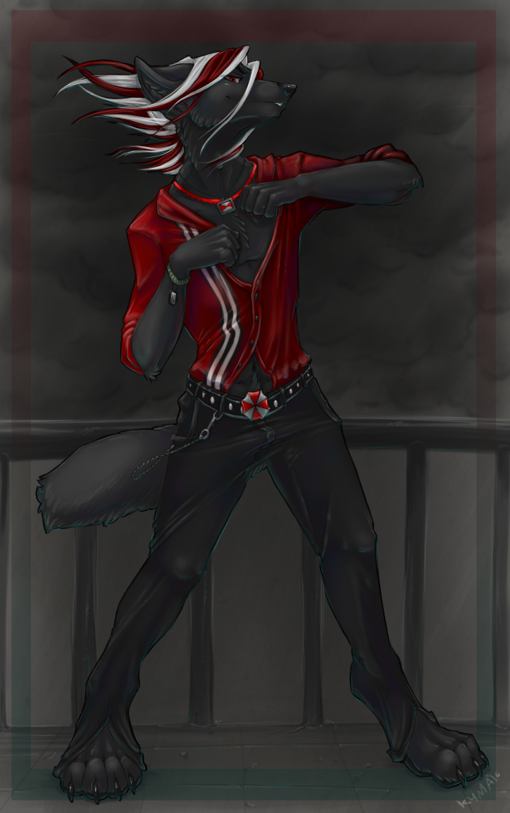 anthro canine clothing jeans kyma male mammal necklace pose raikyo solo standing umbrella_corporation wolf