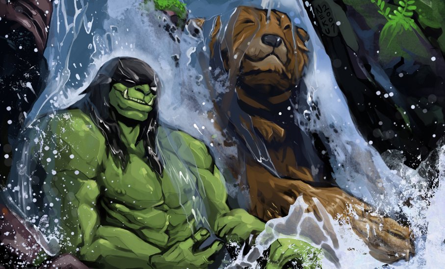 eyes_closed glowing glowing_eyes green green_body hair half-ogre long_hair mammal misha muscles neku nipples orc outside rexxar smile video_games warcraft water waterfall world_of_warcraft