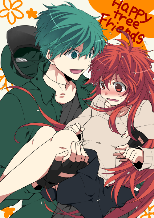 1girl blush carrying couple dandruff dog_tags fingerless_gloves flaky flippy gloves green_eyes green_hair groping happy_tree_friends hat hetero image_sample kometto md5_mismatch military military_uniform pixiv_sample princess_carry red_eyes red_hair skirt sweater uniform