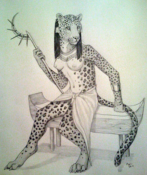 black_and_white breasts egyptian feline female leopard monochrome myenia sitting solo