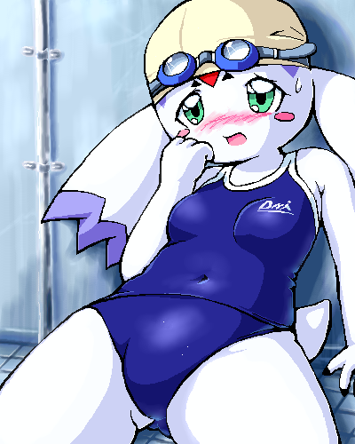 blush breasts calumon crotch_view digimon female g-sun goggles one-piece_swimsuit pool solo sweat swimming_cap swimsuit wet