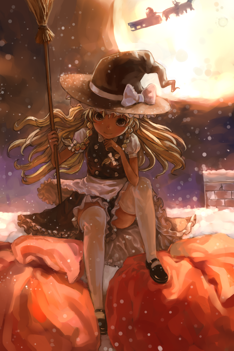 alternate_hairstyle blonde_hair bow braid broom chin_rest christmas hat highres holding holding_broom kirisame_marisa long_hair looking_at_viewer mary_janes moon night reindeer sack santa_claus shoes sitting snow snowing solo thighhighs touhou twin_braids white_legwear witch_hat yellow_eyes zrero