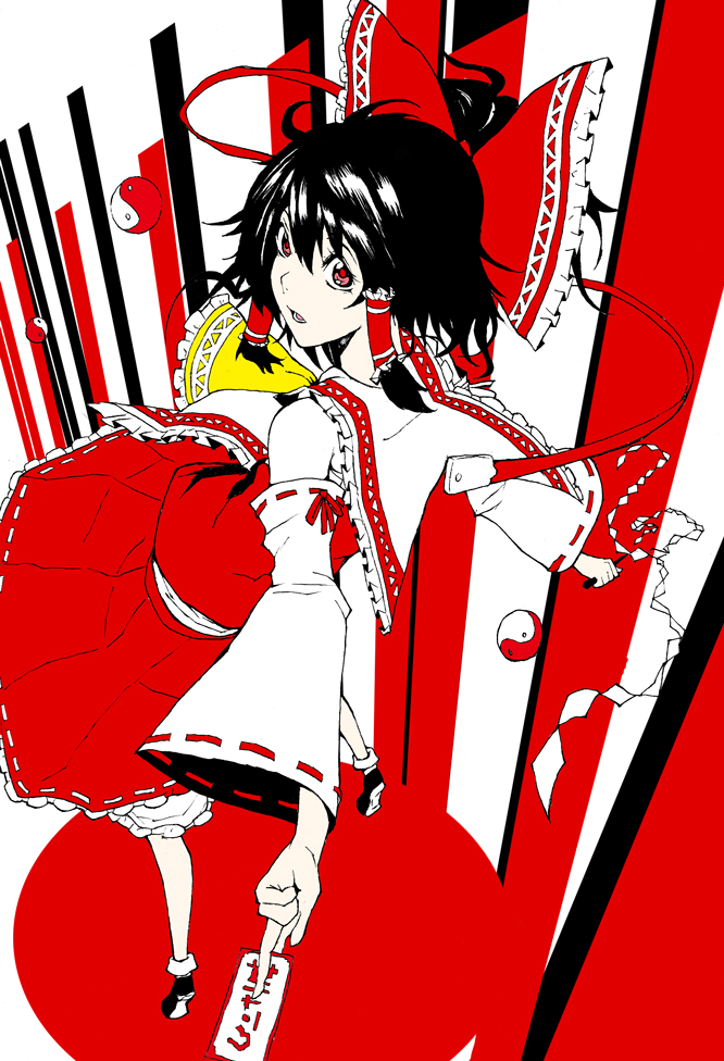 black_hair detached_sleeves flat_color gohei hair_tubes hakurei_reimu limited_palette looking_back open_mouth perspective red_eyes sabiirodoramu solo touhou yin_yang