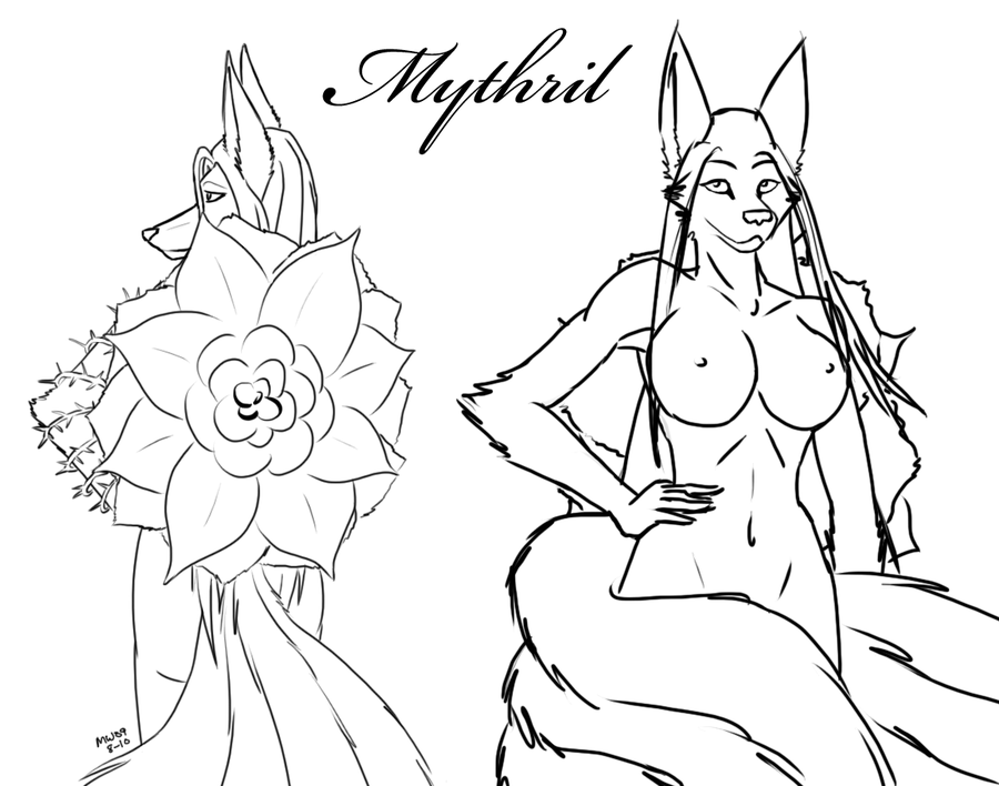 big_breasts black_and_white breasts canine covering_self female flower fox looking_at_viewer model_sheet monochrome multiple_tails mythril_blackpaw navel nipples not_kitsune nude rose solo symbiont tail vines vyxen