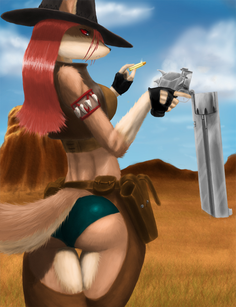 2010 bullet butt canine chaps female fingerless_gloves gloves gun hair hand_cannon hat holy_shit long_hair long_pink_hair midriff nopido panties pink_hair red_eyes revolver solo tail trigun underwear weapon