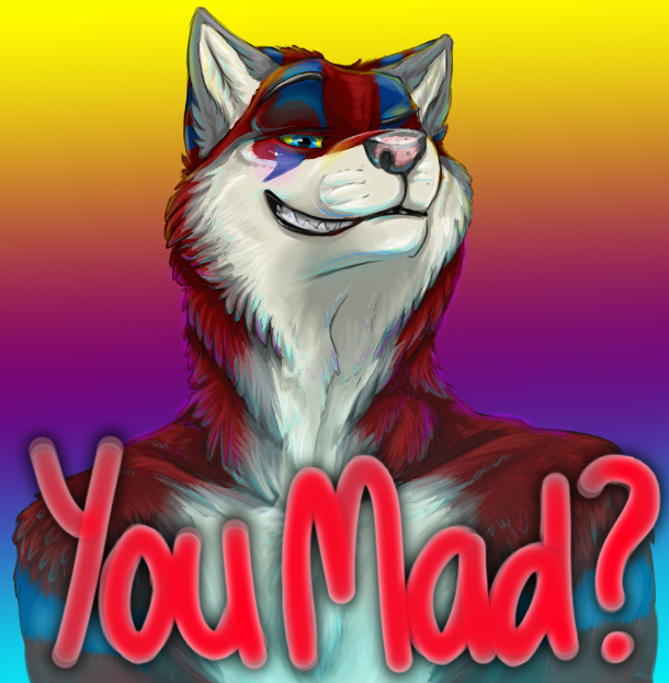 abstract_background blank_background bust canine caption chase_(character) color countershading gradient_background kyma male mammal meme rainbow reaction_image smile solo wolf you_mad