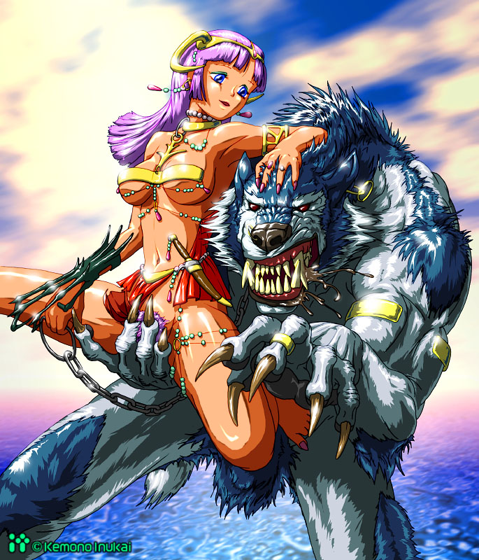 2002 admiration angry anime anthro armband balls blue blue_eyes breasts canine chain claws clouds collar couple dagger domination drool ear_piercing earring fangs fantasy female female_domination guarding horns human jewelry kemono kemono_inukai leash looking_at_viewer male muscles ocean piercing protective purple_hair pussy red_eyes ring saliva semi_nude sky slave snarl spread_legs spreading standing straight water werewolf wolf