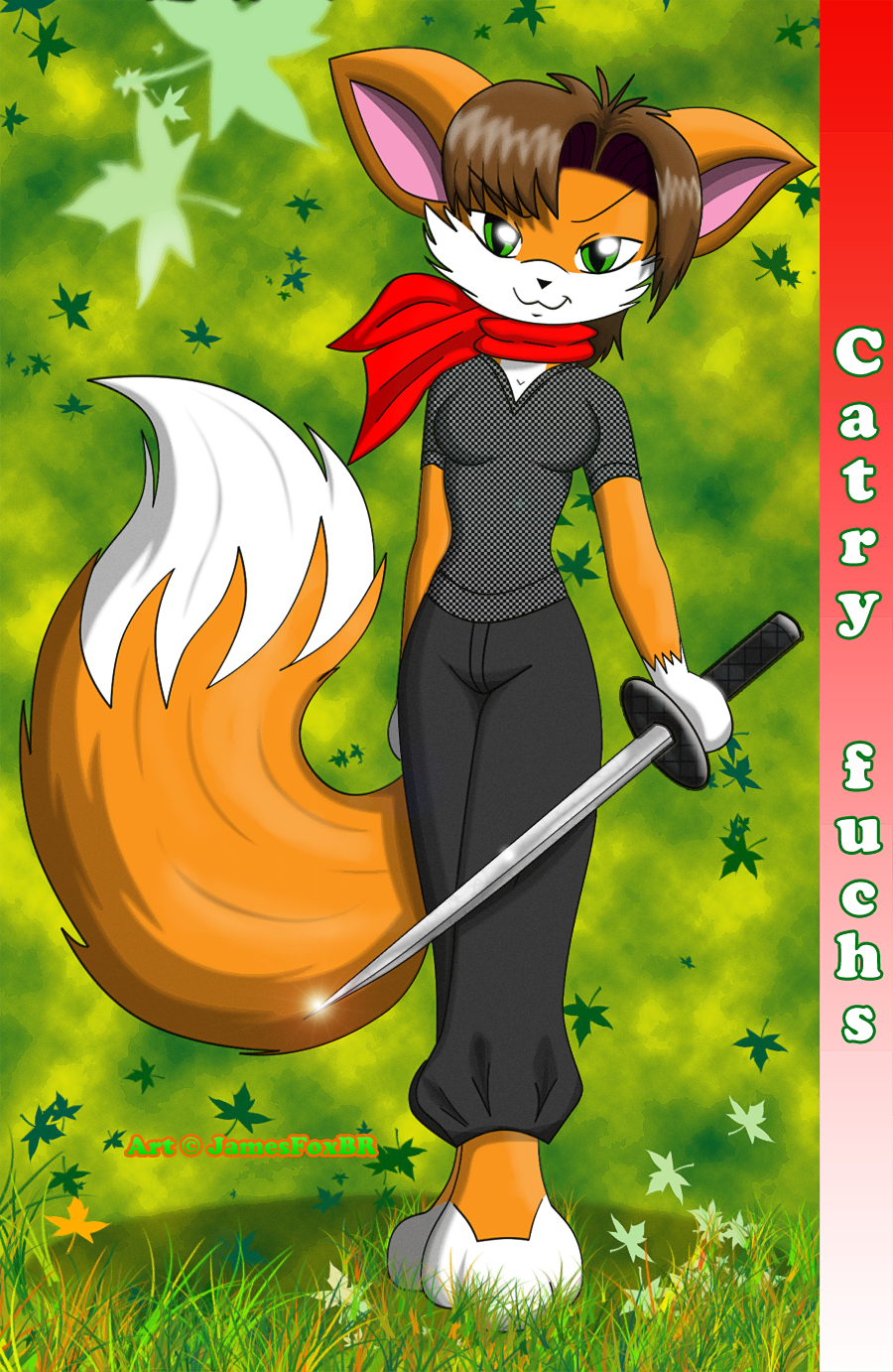 background breasts canine catry-fuchs_(character) female fox green_eyes hair jamesfoxbr looking_at_viewer ninja orange scarf short_hair solo standing sword tail vixen weapon