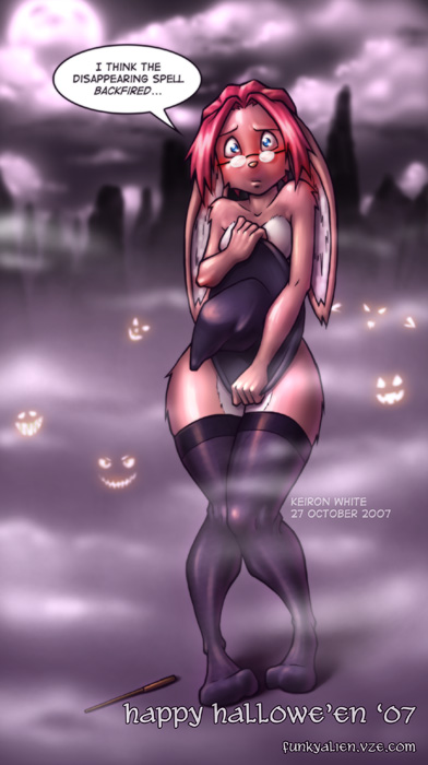 blush covering_self female fran_cervic&eacute; glasses halloween hat keiron_white lagomorph magic nude rabbit solo stockings wide_hips