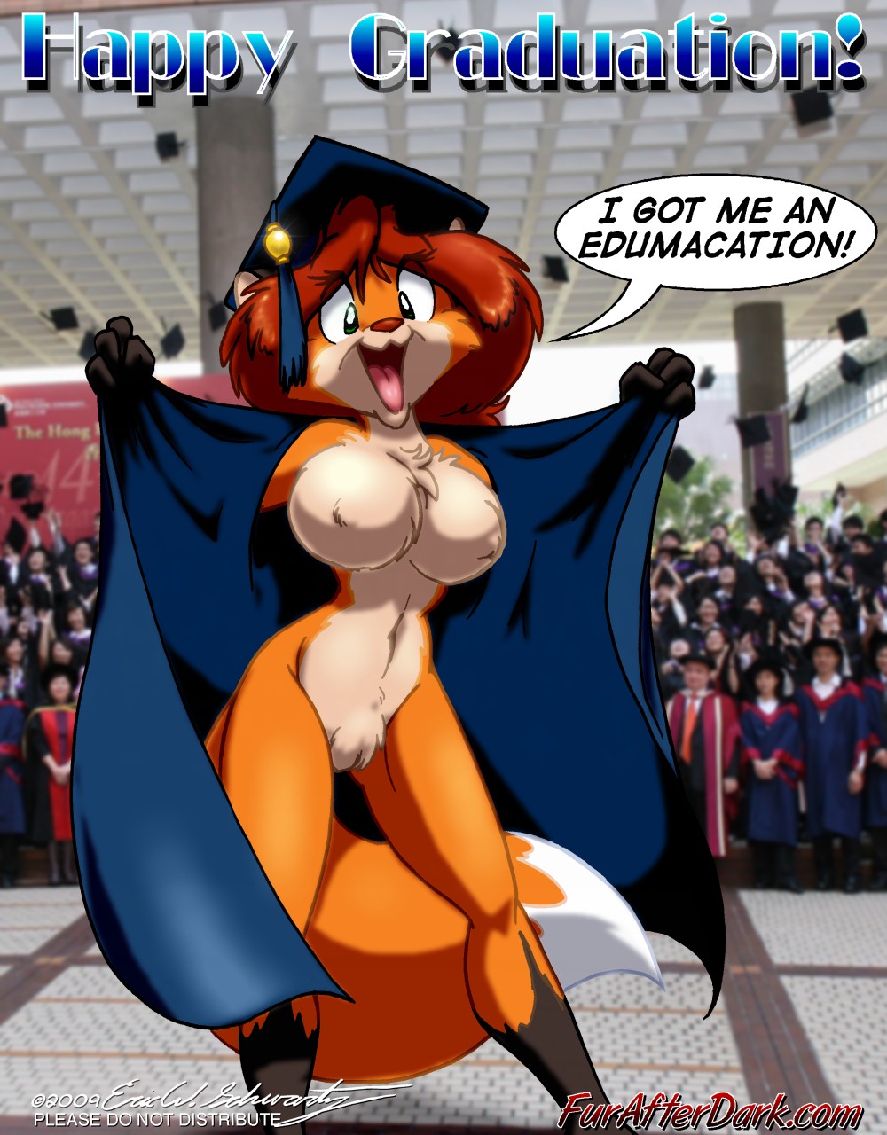 anthro breasts canine eric_schwartz female flashing fox fur furafterdark graduation group mammal naturally_censored nipple_tuft nude partially_clothed photo_background public pussy robe sheila_vixen solo_focus tuft