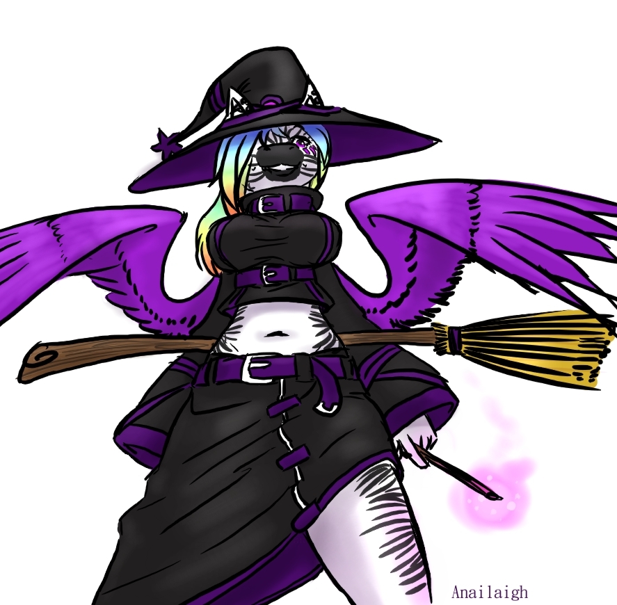 anthro belt broom equine hair magic_user mammal multi-colored_hair multicolored_hair plain_background wand white_background wings witch zebra zerospanda