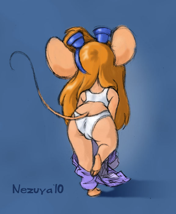 2010 butt chip_n_dale_rescue_rangers female gadget_hackwrench goggles hair long_hair nezuya rodent solo standing tail undressing