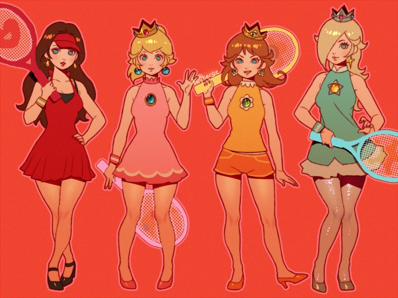 4girls artist_name bellhenge blonde_hair breasts brooch brown_hair cleavage crown dress earrings hair_over_one_eye hand_on_hip high_heels jewelry long_hair looking_at_viewer mario_(series) mario_tennis medium_hair mini_crown multiple_girls nintendo pauline ponytail princess_daisy princess_peach racket rosetta_(mario) short_dress short_shorts shorts sleeveless smile sportswear standing tennis_racket tennis_uniform visor_cap wristband