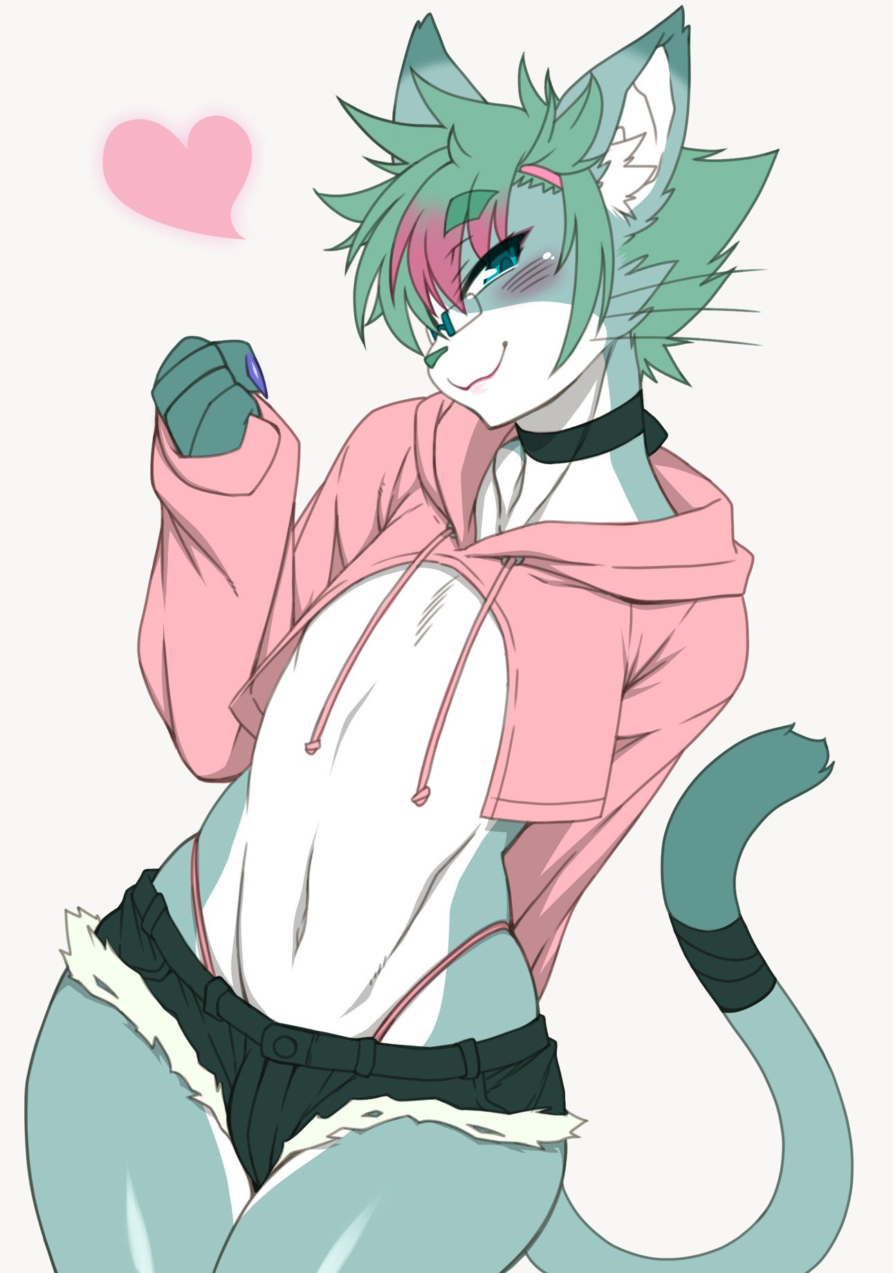 &lt;3 anthro blush claws clothed clothing domestic_cat felid feline felis fur girly green_eyes green_fur hi_res looking_at_viewer male mammal meme nakagamit simple_background solo takashi twitter_hoodie white_background