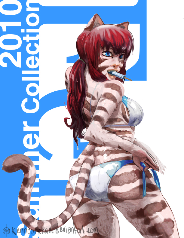 2010 bikini blue_eyes breasts butt female kenno_arkkan popsicle red_hair side_boob skimpy solo stripes summer