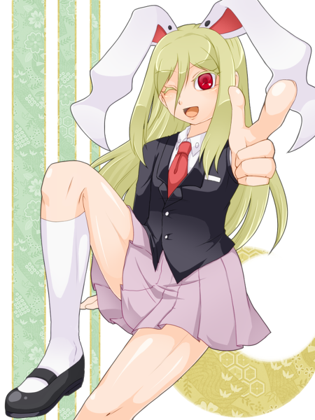 1boy afuro_terumi animal_ears blonde_hair bunny_ears cosplay crossdress crossdressing inazuma_eleven inazuma_eleven_(series) male_focus necktie new_year open_mouth pixiv_thumbnail pointing red_eyes reisen_udongein_inaba reisen_udongein_inaba_(cosplay) resized sitting skirt solo touhou trap wink