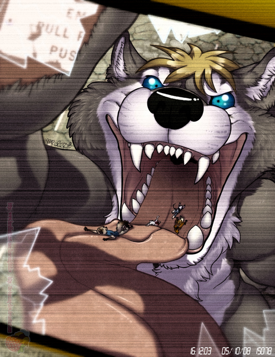 blue_sclera brown_hair camera canine chest_tuft farorenightclaw fur grey_fur hair imminent_vore macro mammal micro micro_on_micro mouth_shot open_mouth sharp_teeth size_difference teeth throat tongue tongue_out tuft vore white_fur wolf