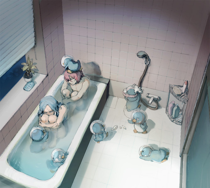 1girl awkward bad_id bad_pixiv_id bathroom bathtub bird blinds blue_hair blush from_above inazuma_eleven inazuma_eleven_(series) kiyama_hiroto mixed_bathing one-piece_swimsuit penguin plant red_hair shower_head sweatdrop swimsuit tmhm urubida window