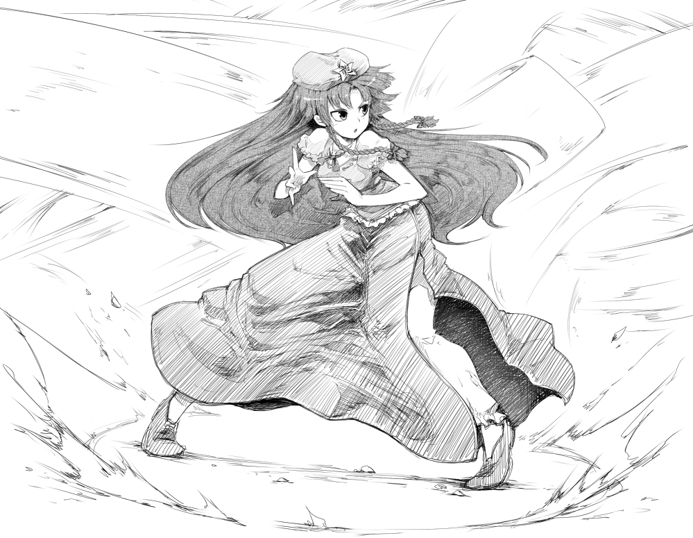 beret braid chinese_clothes fighting_stance greyscale harusame_(unmei_no_ikasumi) hat hong_meiling long_hair monochrome pants side_slit solo star touhou twin_braids