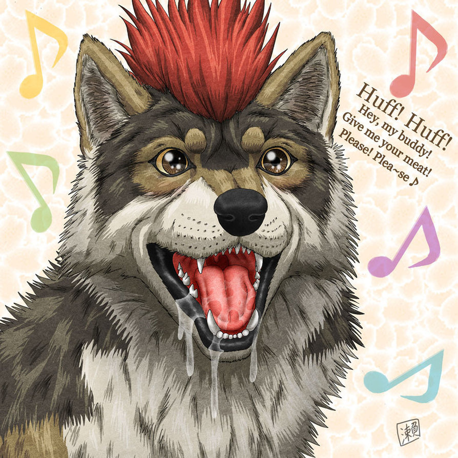 ? dersheltie drool drooling excited feral hiroyuki_setogawa mammal musical_note plain_background saliva solo teeth tongue white_background wolf