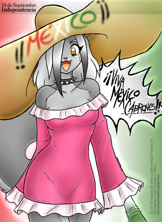 canine collar cute female jeso looking_at_viewer mammal mexico patriotic pink_dress smile solo sombrero spanish_text text