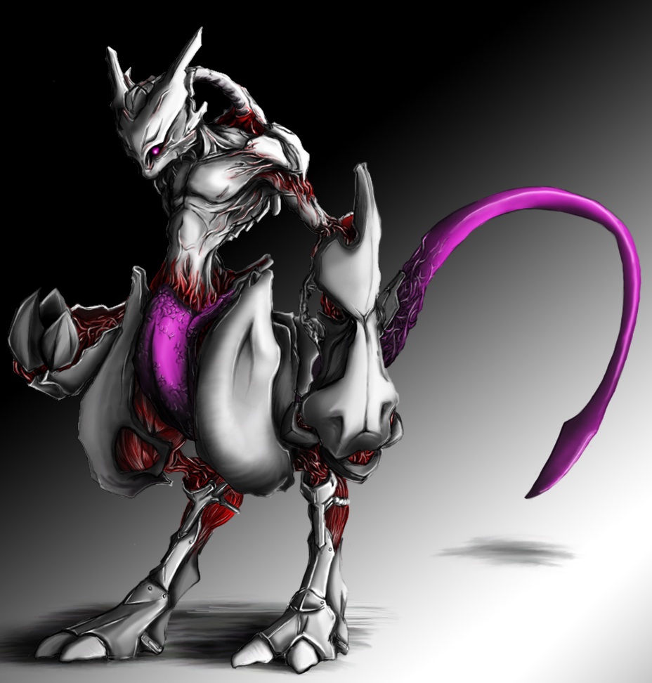 armor background_gradient biomechanic claws flesh mewtwo muscles pok&eacute;mon purple_eyes solo tail unknown_artist