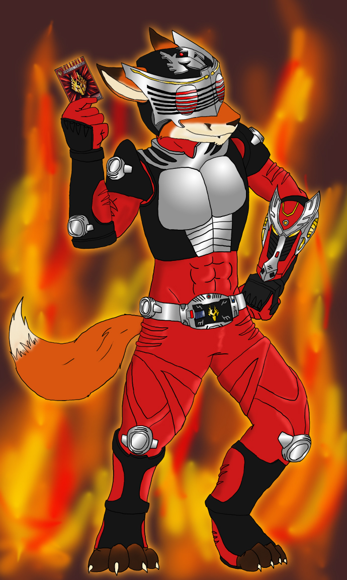 armor canine card dragon_knight fire flameydragwasp fox henshin hindpaw kamen_rider male red_fox ryuki solo standing tail