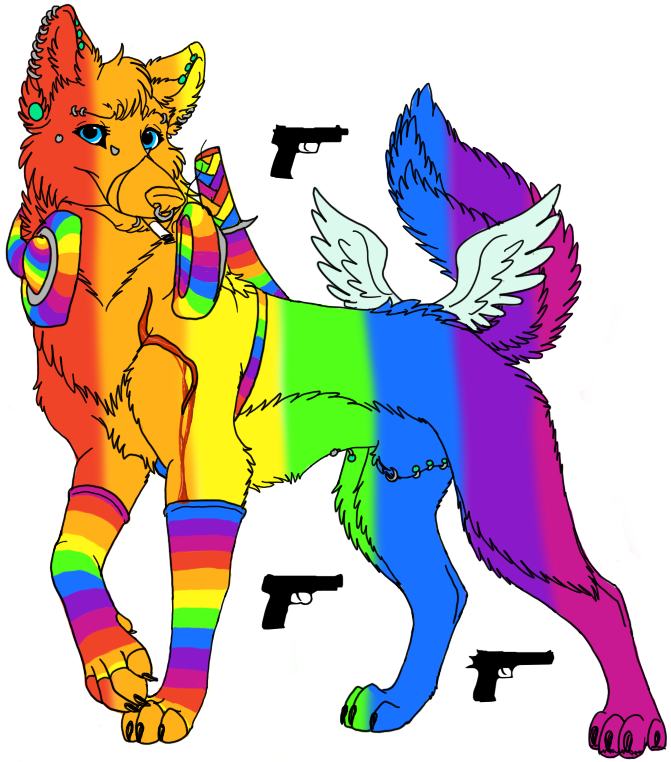 butt_wings canine colorful dog feral gun headphones mammal parody plain_background ranged_weapon sheath solo sparkledog stereotypical_furry super_gay taste_the_rainbow weapon white_background wings