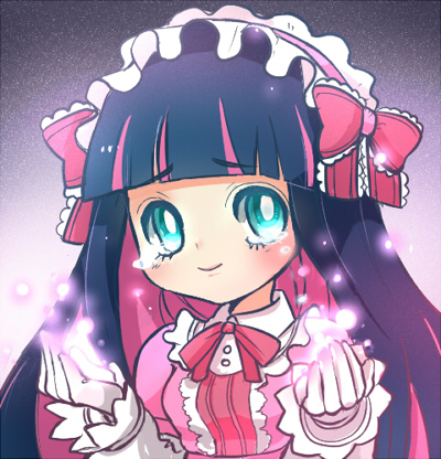 bad_id bad_pixiv_id dress face frills hairband lowres panty_&amp;_stocking_with_garterbelt pink_dress pzqblue solo stocking_(psg) tears